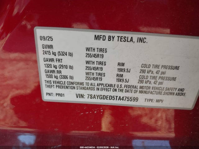 Aukcja sprzedaży 2026 Tesla Model Y, vin: 7SAYGDED5TA475599, numer aukcji: 44334034