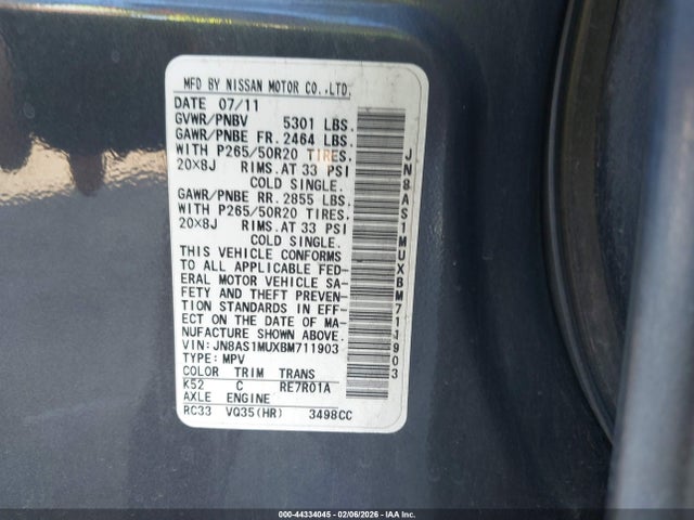 44334045 :رقم المزاد ، JN8AS1MUXBM711903 vin ، 2011 Infiniti Fx35 مزاد بيع