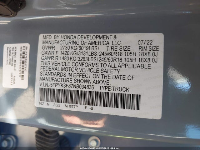 5FPYK3F87NB034836 Honda Ridgeline Black Edition