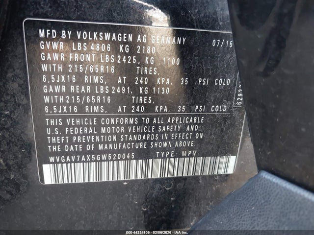 Aukcja sprzedaży 2016 Volkswagen Tiguan S, vin: WVGAV7AX5GW520045, numer aukcji: 44334109