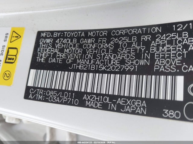 44334123 :رقم المزاد ، JTHB21B15K2027991 vin ، 2019 Lexus Es 300h مزاد بيع