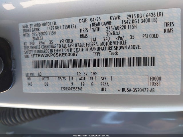 Aukcja sprzedaży 2025 Ford F-150 Stx, vin: 1FTEW2KP0SKE03087, numer aukcji: 44334194