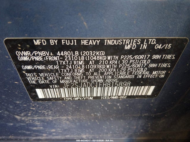 44334217 :رقم المزاد ، JF2SJADC1FH815898 vin ، 2015 Subaru Forester 2.5i Premium مزاد بيع