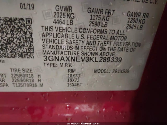Aukcja sprzedaży 2019 Chevrolet Equinox Premier, vin: 3GNAXNEV3KL289339, numer aukcji: 44334253