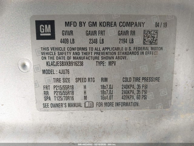 44334302 :رقم المزاد ، KL4CJESBXKB916238 vin ، 2019 Buick Encore Awd Preferred مزاد بيع