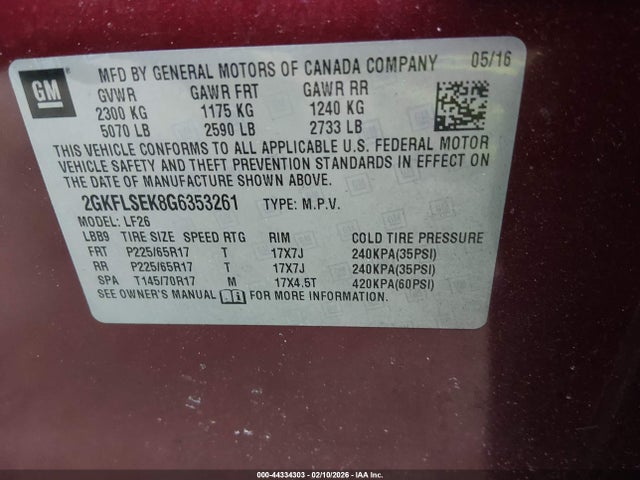 44334303 :رقم المزاد ، 2GKFLSEK8G6353261 vin ، 2016 Gmc Terrain Sle-1 مزاد بيع