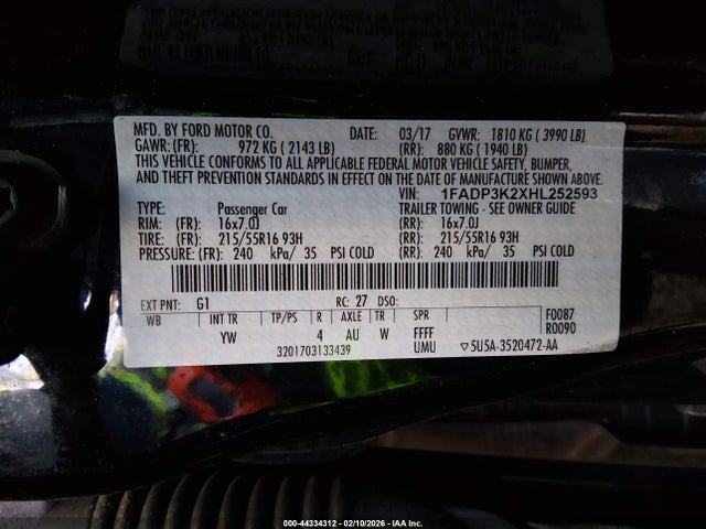 44334312 :رقم المزاد ، 1FADP3K2XHL252593 vin ، 2017 Ford Focus Se مزاد بيع