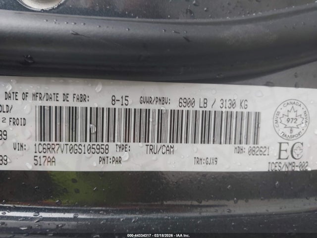 Продажа на аукционе авто 2016 Ram 1500 Laramie, vin: 1C6RR7VT0GS105958, номер лота: 44334317