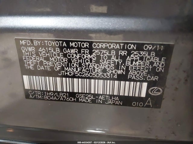 44334357 :رقم المزاد ، JTHCF5C26C5053314 vin ، 2012 Lexus Is 250 مزاد بيع