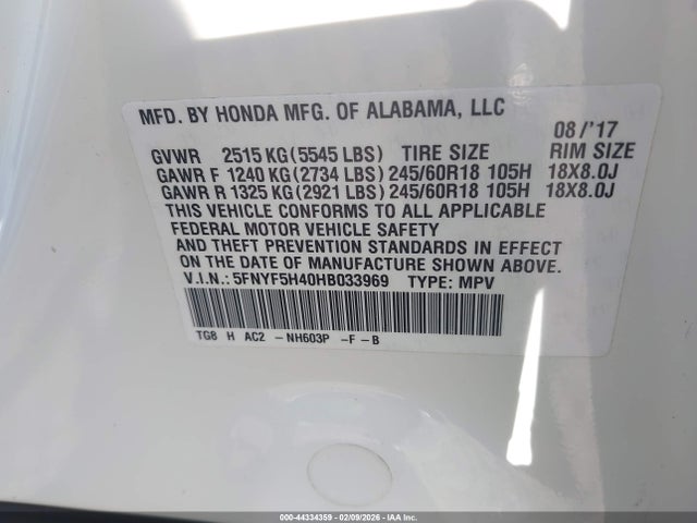 Honda Pilot Ex 2017 5FNYF5H40HB033969 Image 9