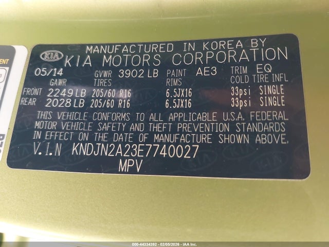 44334392 :رقم المزاد ، KNDJN2A23E7740027 vin ، 2014 Kia Soul مزاد بيع