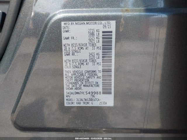2015 Infiniti Qx60 მანქანა იყიდება აუქციონზე, vin: 5N1AL0MN7FC549988, აუქციონის ნომერი: 44334458