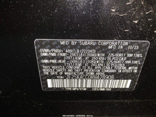 2024 Subaru Forester Premium მანქანა იყიდება აუქციონზე, vin: JF2SKACC0RH428908, აუქციონის ნომერი: 44334553