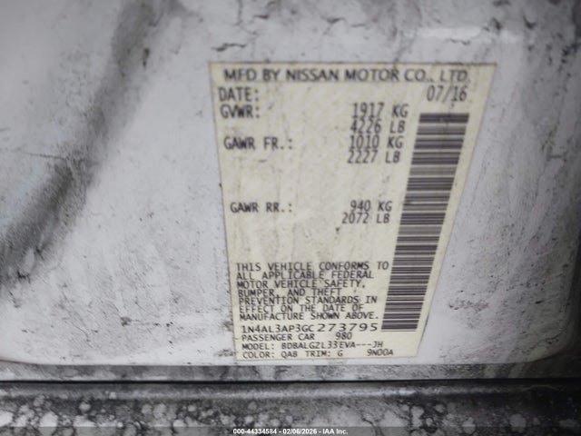 Aukcja sprzedaży 2016 Nissan Altima 2.5 S, vin: 1N4AL3AP3GC273795, numer aukcji: 44334584