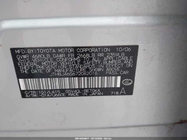 44334617 :رقم المزاد ، JTHBJ46G672062016 vin ، 2007 Lexus Es 350 مزاد بيع