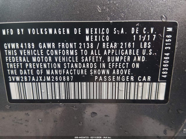 2018 Volkswagen Jetta 1.4t S მანქანა იყიდება აუქციონზე, vin: 3VW2B7AJXJM260887, აუქციონის ნომერი: 44334723