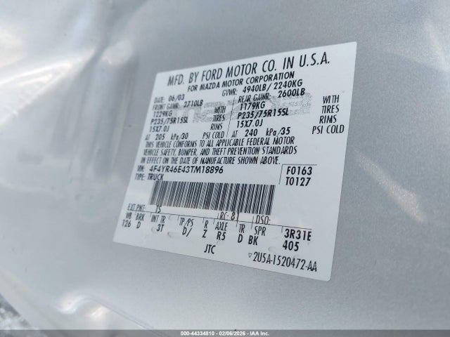 44334810 :رقم المزاد ، 4F4YR46E43TM18896 vin ، 2003 Mazda B4000 Ds مزاد بيع
