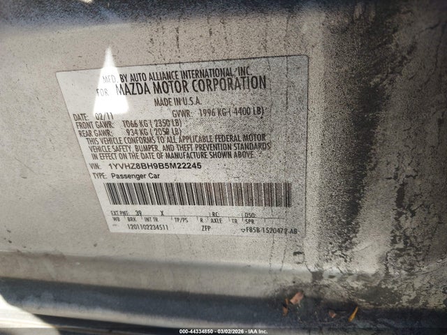 2011 Mazda Mazda6 I Sport მანქანა იყიდება აუქციონზე, vin: 1YVHZ8BH9B5M22245, აუქციონის ნომერი: 44334850