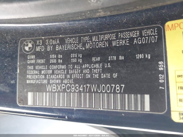 Aukcja sprzedaży 2007 Bmw X3 3.0si, vin: WBXPC93417WJ00787, numer aukcji: 44334987
