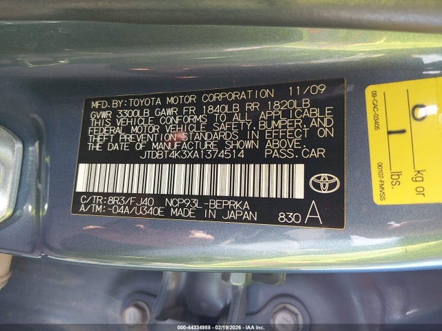 Aukcja sprzedaży 2010 Toyota Yaris, vin: JTDBT4K3XA1374514, numer aukcji: 44334988