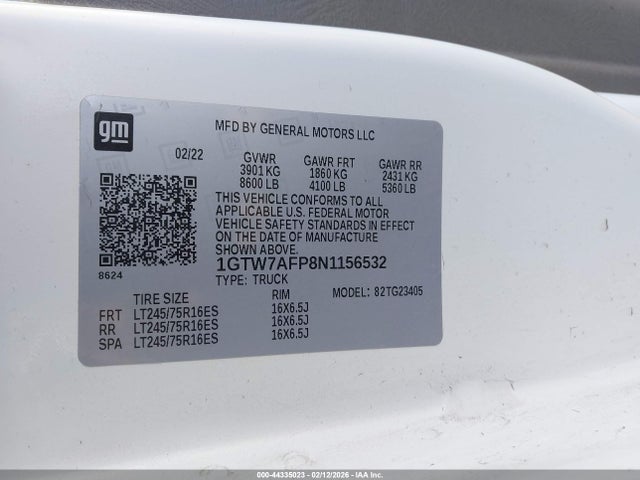 Aukcja sprzedaży 2022 Gmc Savana G2500, vin: 1GTW7AFP8N1156532, numer aukcji: 44335023
