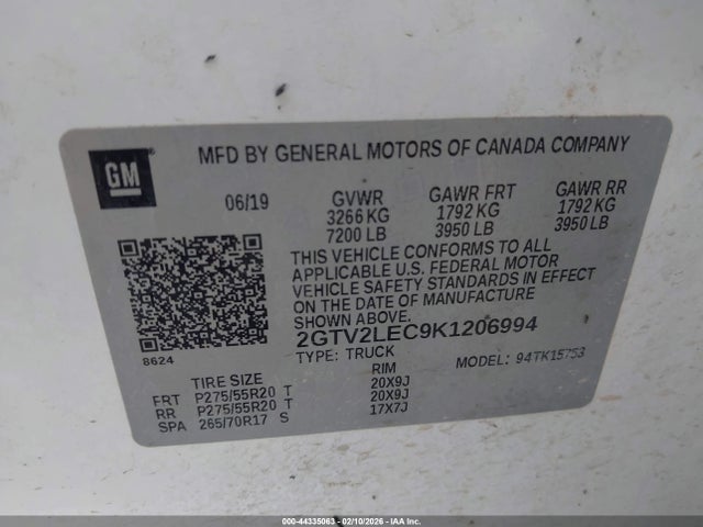 44335063 :رقم المزاد ، 2GTV2LEC9K1206994 vin ، 2019 Gmc Sierra 1500 Limited مزاد بيع