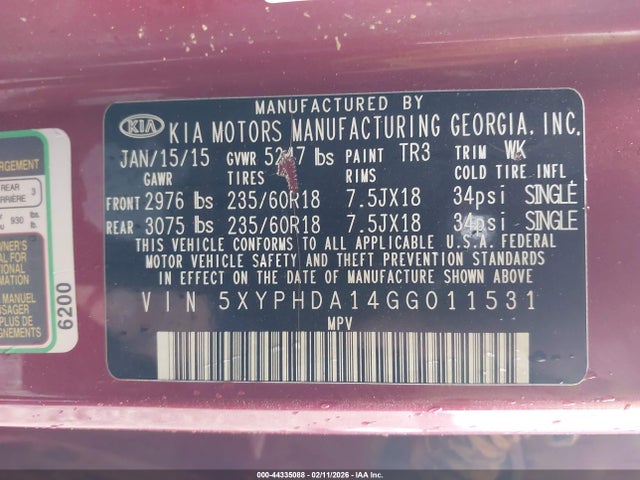 44335088 :رقم المزاد ، 5XYPHDA14GG011531 vin ، 2016 Kia Sorento 2.0t Ex مزاد بيع