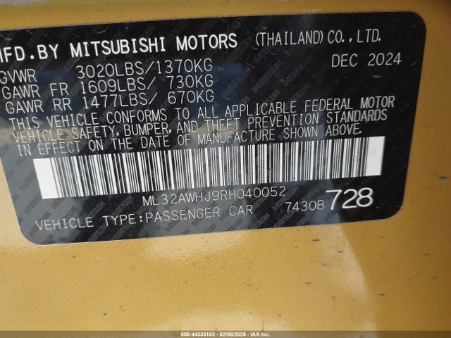 44335103 :رقم المزاد ، ML32AWHJ9RH040052 vin ، 2024 Mitsubishi Mirage Black Edition/ralliart/se مزاد بيع