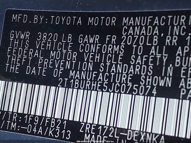 2T1BURHE5JC075074 Toyota COROLLA LE
