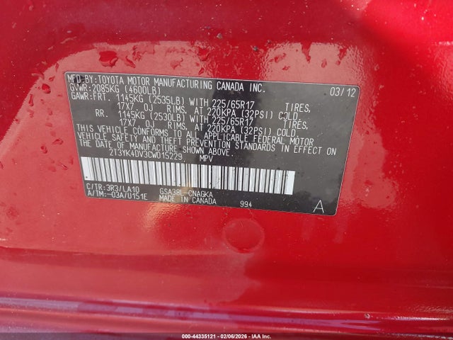 Aukcja sprzedaży 2012 Toyota Rav4 Limited V6, vin: 2T3YK4DV3CW015229, numer aukcji: 44335121