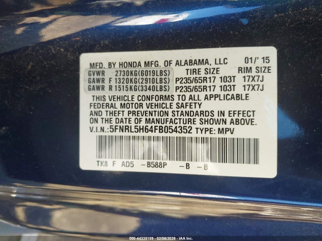 44335159 :رقم المزاد ، 5FNRL5H64FB054352 vin ، 2015 Honda Odyssey Ex-l مزاد بيع