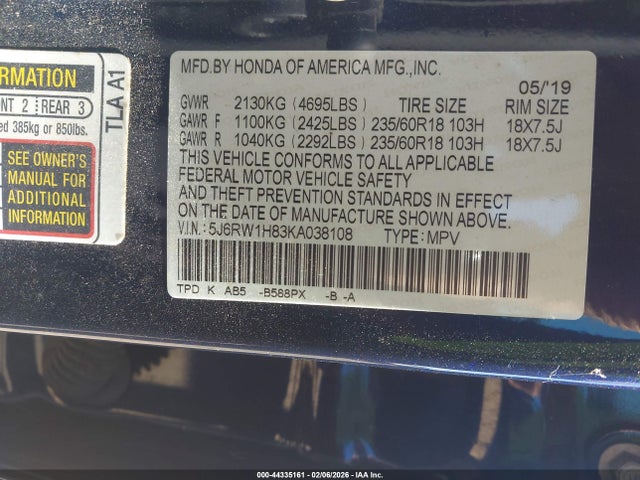 2019 Honda Cr-v Ex-l მანქანა იყიდება აუქციონზე, vin: 5J6RW1H83KA038108, აუქციონის ნომერი: 44335161