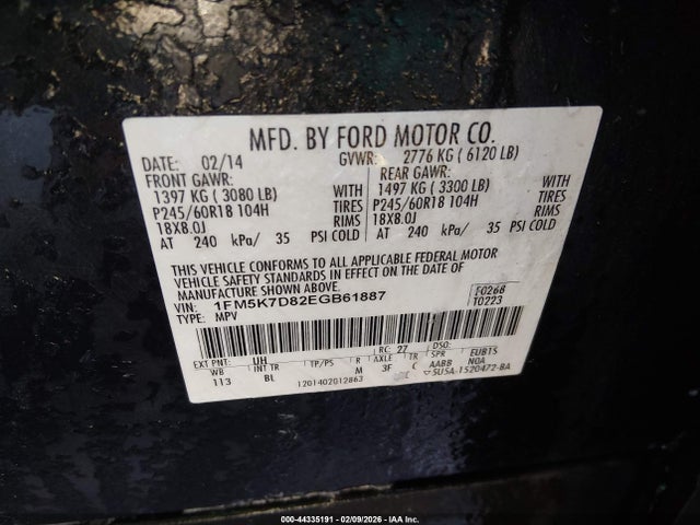 44335191 :رقم المزاد ، 1FM5K7D82EGB61887 vin ، 2014 Ford Explorer Xlt مزاد بيع