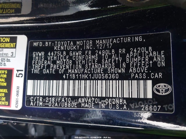 Aukcja sprzedaży 2018 Toyota Camry Le, vin: 4T1B11HK1JU056360, numer aukcji: 44335223