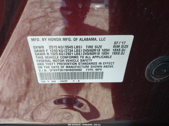 Honda PILOT LX 2017 5FNYF5H19HB028002 Image 9