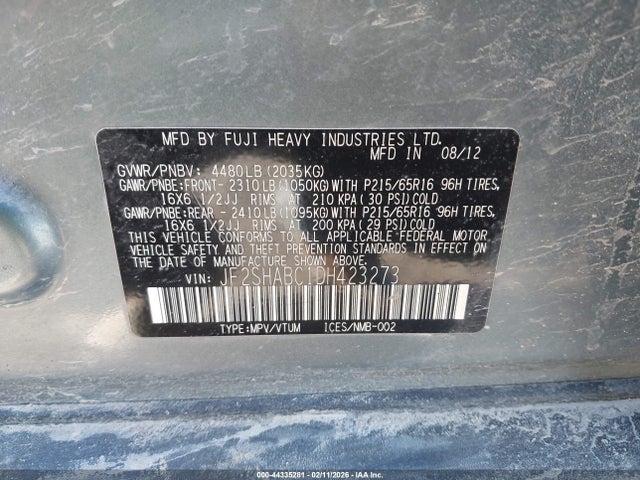 Aukcja sprzedaży 2013 Subaru Forester 2.5x, vin: JF2SHABC1DH423273, numer aukcji: 44335281