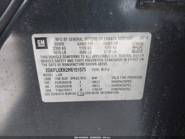 Aukcja sprzedaży 2017 Gmc Terrain Slt, vin: 2GKFLUEK2H6151075, numer aukcji: 44335344
