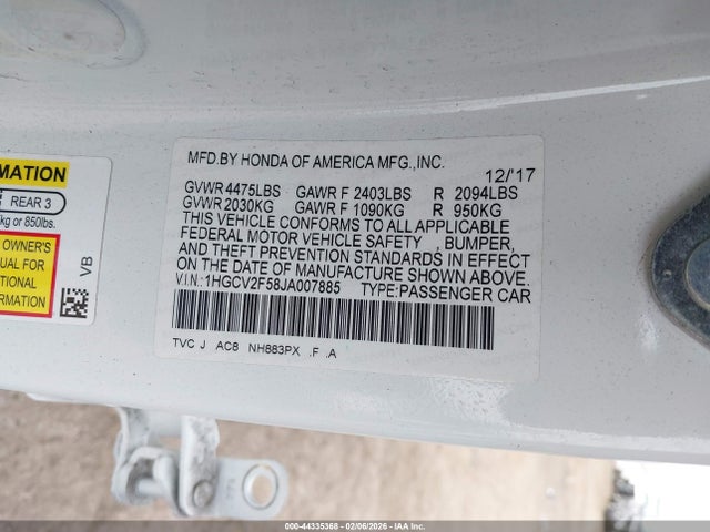 1HGCV2F58JA007885 Honda Accord Ex-l 2.0t