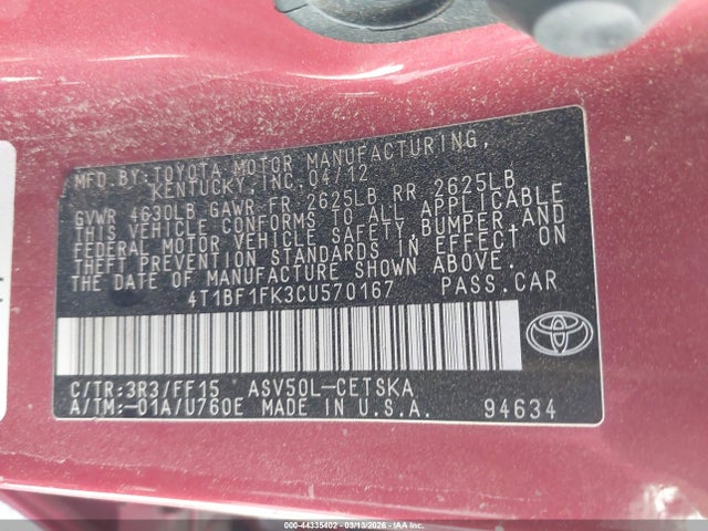 Продаж на аукціоні авто 2012 Toyota Camry Se, vin: 4T1BF1FK3CU570167, номер лоту: 44335402