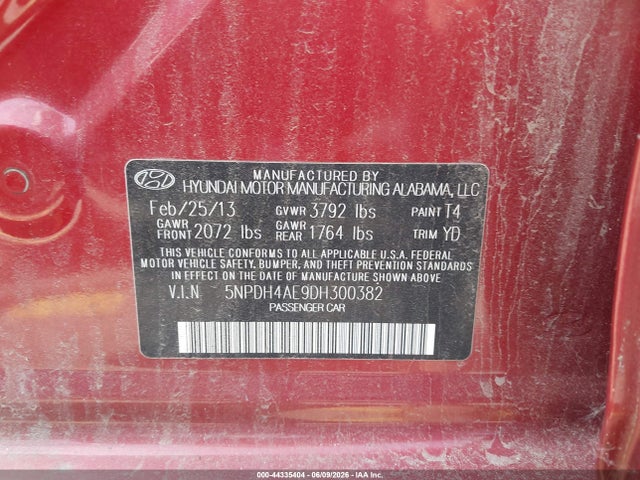 44335404 :رقم المزاد ، 5NPDH4AE9DH300382 vin ، 2013 Hyundai Elantra Gls مزاد بيع