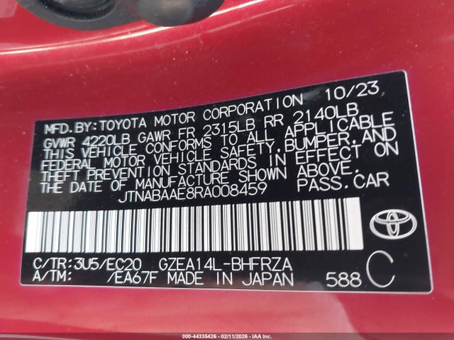 44335426 :رقم المزاد ، JTNABAAE8RA008459 vin ، 2024 Toyota Gr Corolla Premium مزاد بيع