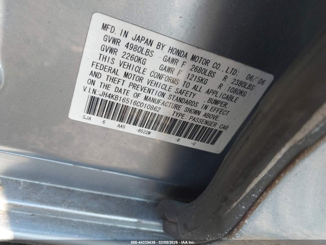 44335436 :رقم المزاد ، JH4KB16516C010862 vin ، 2006 Acura Rl 3.5 مزاد بيع