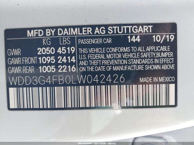 2020 Mercedes-benz A 220 4matic მანქანა იყიდება აუქციონზე, vin: WDD3G4FB0LW042426, აუქციონის ნომერი: 44335453