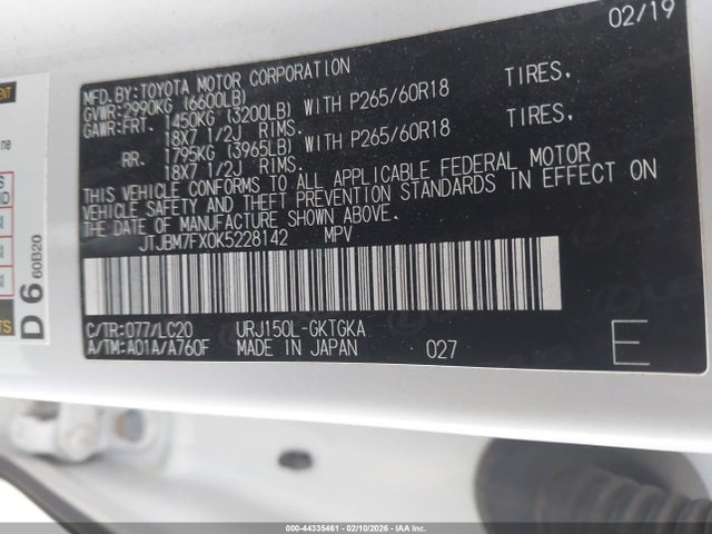Aukcja sprzedaży 2019 Lexus Gx 460 Premium, vin: JTJBM7FX0K5228142, numer aukcji: 44335461