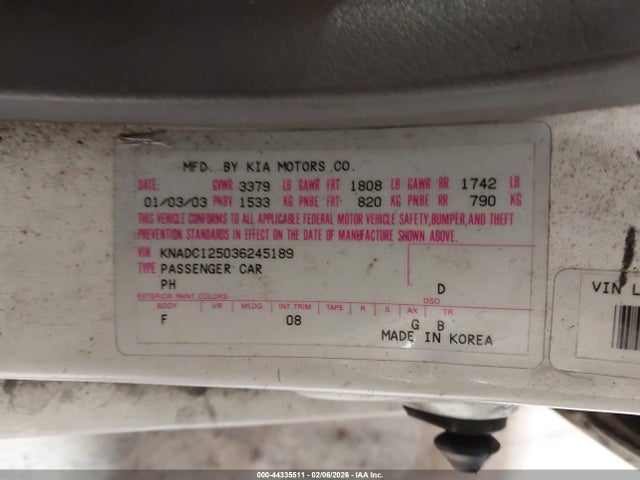 Auction sale of the 2003 Kia Rio, vin: KNADC125036245189, lot number: 44335511