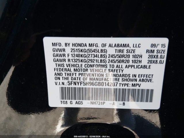 Продажа на аукционе авто 2016 Honda Pilot Touring, vin: 5FNYF5H96GB014207, номер лота: 44335513