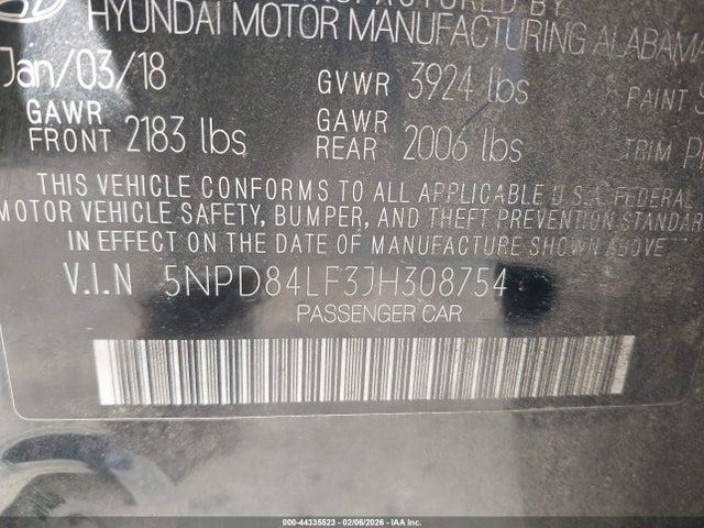 5NPD84LF3JH308754 Hyundai ELANTRA SEL