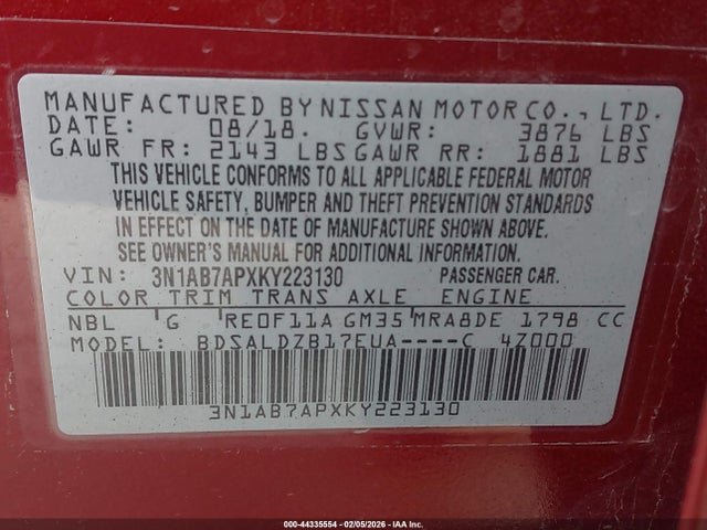 3N1AB7APXKY223130 Nissan SENTRA SV