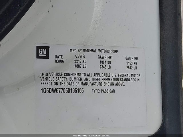 2006 Cadillac Sts V6 მანქანა იყიდება აუქციონზე, vin: 1G6DW677060196166, აუქციონის ნომერი: 44335593