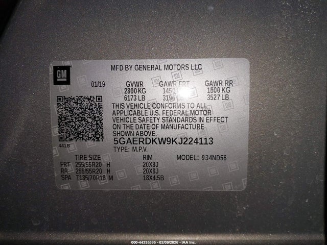 2019 Buick Enclave Fwd Avenir მანქანა იყიდება აუქციონზე, vin: 5GAERDKW9KJ224113, აუქციონის ნომერი: 44335595